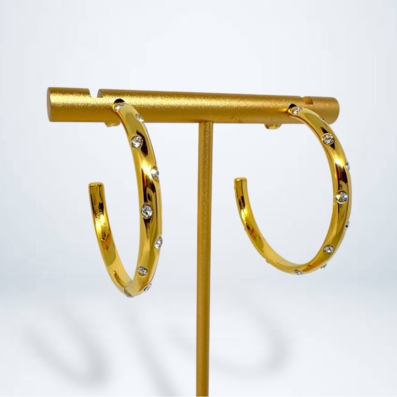 18k Gold Stainless Steel Anti-Tarnish Luxury Hoop Earrings w/ CZ Crystal Inlay - Picture 7 of 14